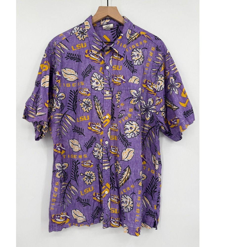 LSU Tigers Shirt Mens XXL Purple Floral Hawaiian Button Up Cotton Vacation - Picture 2 of 8